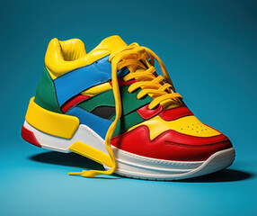 yellow, red, blue, and green sneaker, in the style of bold primary colors