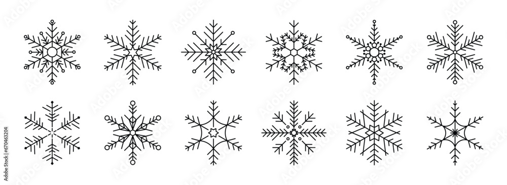 Poster set of snowflakes linear vector icon. geometric snowflake shape, nature and winter related vector sy