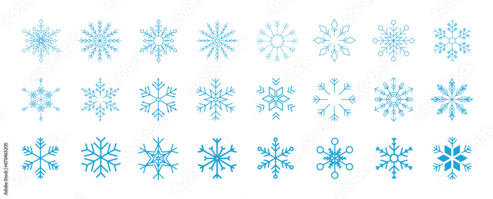 Poster set of snowflakes linear vector icon. geometric snowflake shape, nature and winter related vector sy