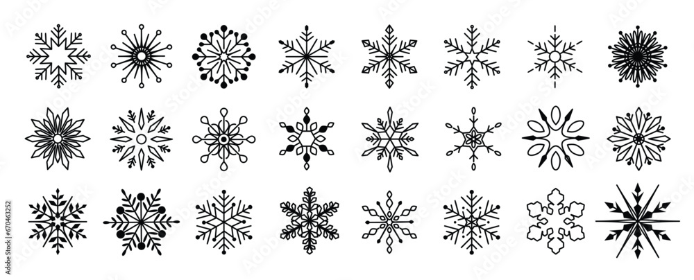 Poster set of snowflakes linear vector icon. geometric snowflake shape, nature and winter related vector sy