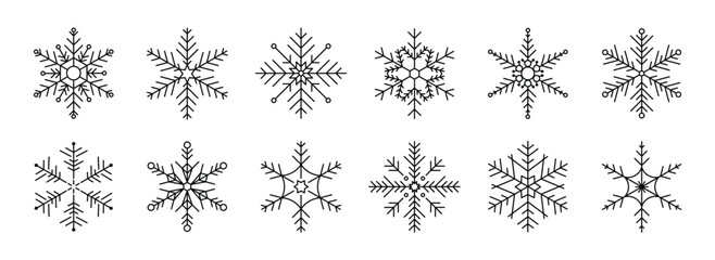 Naklejka na ściany i meble Set of snowflakes linear vector icon. Geometric snowflake shape, nature and winter related vector symbol hand drawn contour collection. Line art illustration design for logo, sticker, christmas.
