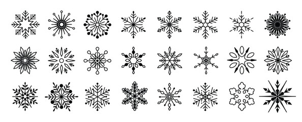 Set of snowflakes linear vector icon. Geometric snowflake shape, nature and winter related vector symbol hand drawn contour collection. Line art illustration design for logo, sticker, christmas.