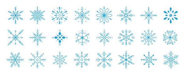 Set of snowflakes linear vector icon. Geometric snowflake shape, nature and winter related vector symbol hand drawn contour collection. Line art illustration design for logo, sticker, christmas.
