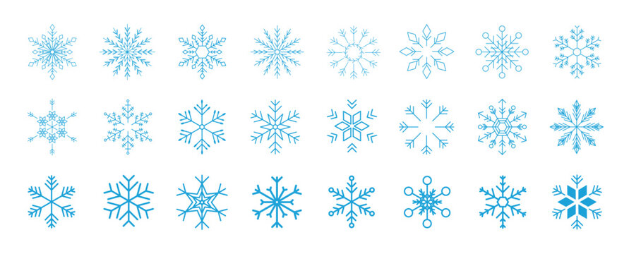 Set of snowflakes linear vector icon. Geometric snowflake shape, nature and winter related vector symbol hand drawn contour collection. Line art illustration design for logo, sticker, christmas.