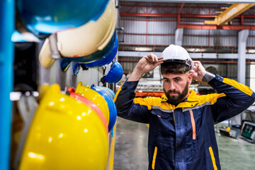 Confident engineer worker man wearing safety helmet working in factory
