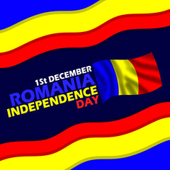 Romanian flying flag with bold text and ribbons with wavy frame on dark blue background to commemorate Romania Independence Day on December 1