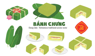 Chung cake vector set.  Whole, half and quarter of chung cake. Vietnamese cuisine. Vietnamese traditional new year. Square sticky rice stuffed in green leaves. Banh chung. Happy Tet holiday. Tet food.