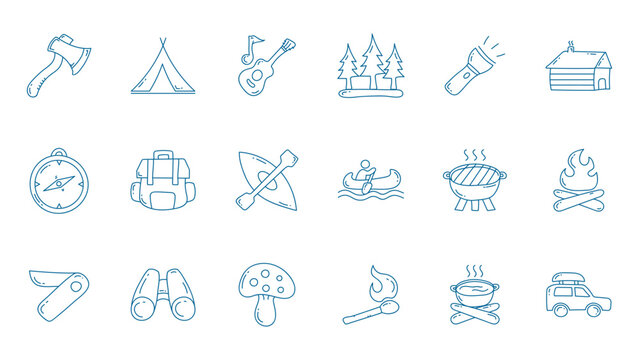 Hand drawn camping line icon collections. Set of camping doodle icon.