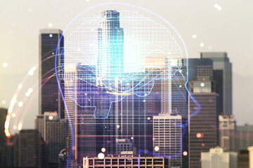 Double exposure of creative human head microcircuit hologram on Los Angeles office buildings background. Future technology and AI concept