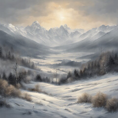 Snowy Atmospheric Landscape Mountains in Distance in Winter, Generative AI