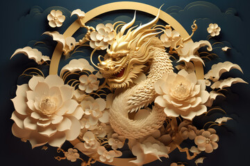 Happy chinese new year 2024 , the dragon zodiac and flower with gold style on color background