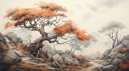 colored pencil drawing of mountains shrunken in fog, blurred trees, mystical and mysterious