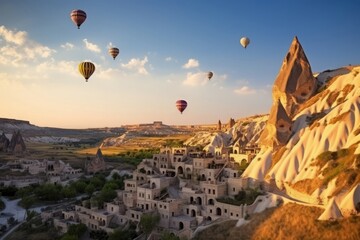 Fototapeta na wymiar Balloons Cappadocia morning. Sun fly outdoor, air travel tourism. Generate Ai