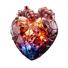 Fototapeta premium Anatomical of a heart illuminated by golden, neon and leds, neopixel, colorful heart, minimalist. Valentine's Day, Cyberpunk concept. Isolate on white background