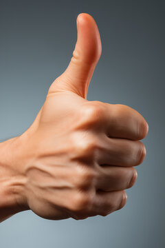 Human hand in thumbing up gesture to represent as good, very good or like. Close-up on blue background.	
