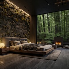 illustration of hyperrealistic modern house interior bedroom dark wo,Generative ai