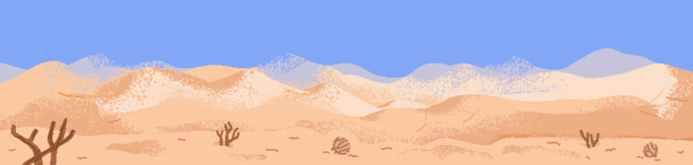 Empty desert landscape background. Sand dunes, sandy hills and sky horizon. Wild dry hot nature scenery panorama, dead land, terrain, environment. Horizontal flat vector illustration, panoramic view © Good Studio