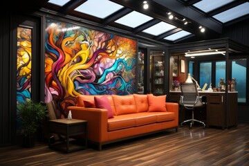 Creative office cabin with vibrant artwork and an inspiring atmosphere, Generative AI