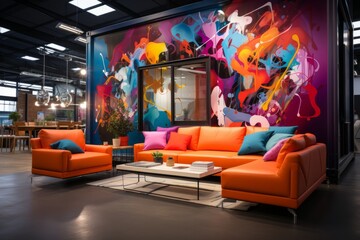 Creative office cabin with vibrant artwork and an inspiring atmosphere, Generative AI