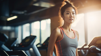 Fototapeta premium Beautiful Asian woman smiling happily in the gym.