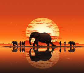 sun setting over people on elephant back riding, in the style of calming symmetry
