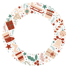 Obraz premium Couronne de Noël - Illustrations vectorielles éditables autour des fêtes de fin d'année - Motifs et couleurs de Noël pour célébrer les fêtes - Cadeaux, cloches, boules de Noël, houx, branches, flocons