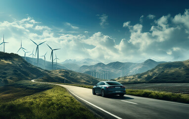 Electric car drive on the wind turbines background. Car drives along a mountain road. Electric car driving along windmills farm. Alternative energy for cars. Car and wind turbines farm