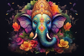 illustration of illustration for Ganesha face in poster color use,Generative ai