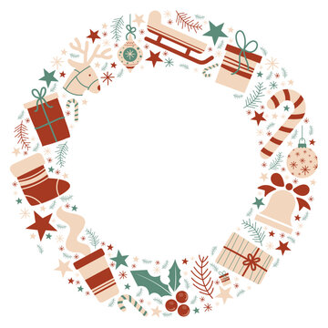 Couronne de No&euml;l - Illustrations vectorielles &eacute;ditables autour des f&ecirc;tes de fin d'ann&eacute;e - Motifs et couleurs de No&euml;l pour c&eacute;l&eacute;brer les f&ecirc;tes - Cadeaux, cloches, boules de No&euml;l, houx, branches, flocons