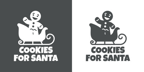 Tiempo de Navidad. Logo con palabras en texto manuscrito Cookies for Santa con silueta de hombre de pan de jengibre en trineo para su uso en invitaciones y felicitaciones
