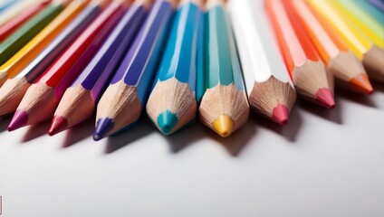 A meticulously arranged group of colored pencils, forming a rainbow pattern against a white background, with each pencil’s sharp point adding to the overall aesthetic appeal.