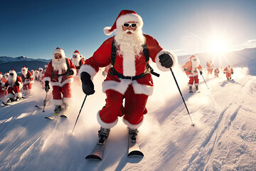 Santa Clauses ski down the mountain at the ski resort - obrazy, fototapety, plakaty