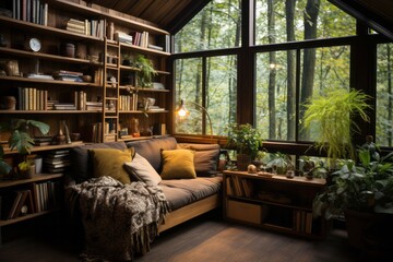 Home office cabin with a bookshelf wall and a cozy reading nook, Generative AI