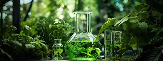 Plant research, green plant in a glass jar in a laboratory - obrazy, fototapety, plakaty