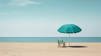  A minimalist scene featuring a singular chair and umbrella, symbolizing solitude amidst the expansive beach landscape. © Ahmad