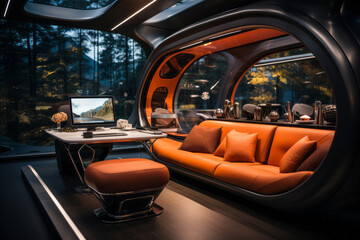 Tech-savvy office cabin with advanced gadgets and futuristic design, Generative AI