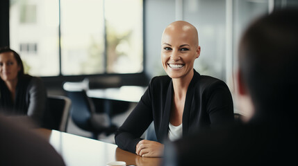 Attractive bald Caucasian businesswoman smiling during a meeting. Generative AI. - obrazy, fototapety, plakaty