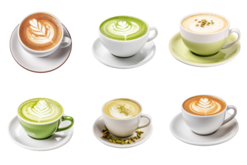 Set of coffee, pistachio and matcha latte isolated on transparent background cutout. Generative AI.