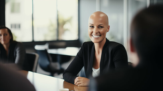 Attractive bald Caucasian businesswoman smiling during a meeting. Generative AI.