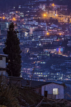 View over Kohima city at night, Nagaland, India