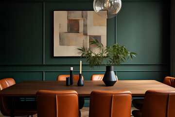 the dining room has a brown leather chair and a wooden table and chairs ai generative