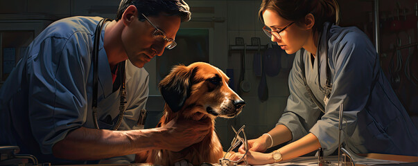 Examining dog almost real photo. Vet doctor and cute pets. wide banner