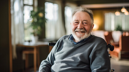 Obraz premium Portrait of a happy senior man sitting on wheelchair. Cheerful old man sitting on wheelchair. Disabled man in his wheelchair looking at camera.