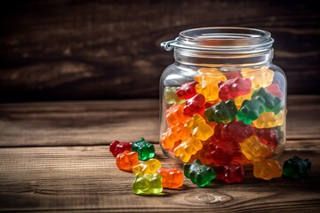 Gummy bears open jar sweets. Sugary soft group container caloric. Generate Ai - obrazy, fototapety, plakaty