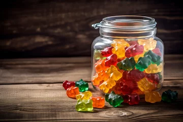 Foto auf Glas Gummy bears open jar sweets. Sugary soft group container caloric. Generate Ai © nsit0108