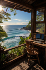Beachfront office cabin with panoramic ocean views, Generative AI