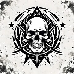 A vector style illustration of a mean looking skull logo with flames