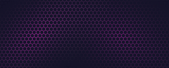 Dark hexagon abstract technology background with bright flashes of purple and pink under the hexagon.