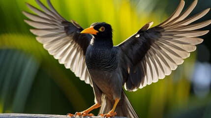 A myna, its dance full of expressions, with the palm trees swaying to its rhythm in the background.