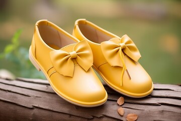 illustration of  kids shoes yellow bow oxford in the style of dansaek, Generative ai